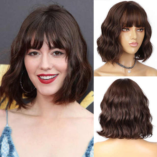 Europe and the United States flow short curly lace front wig with headband women's bangs